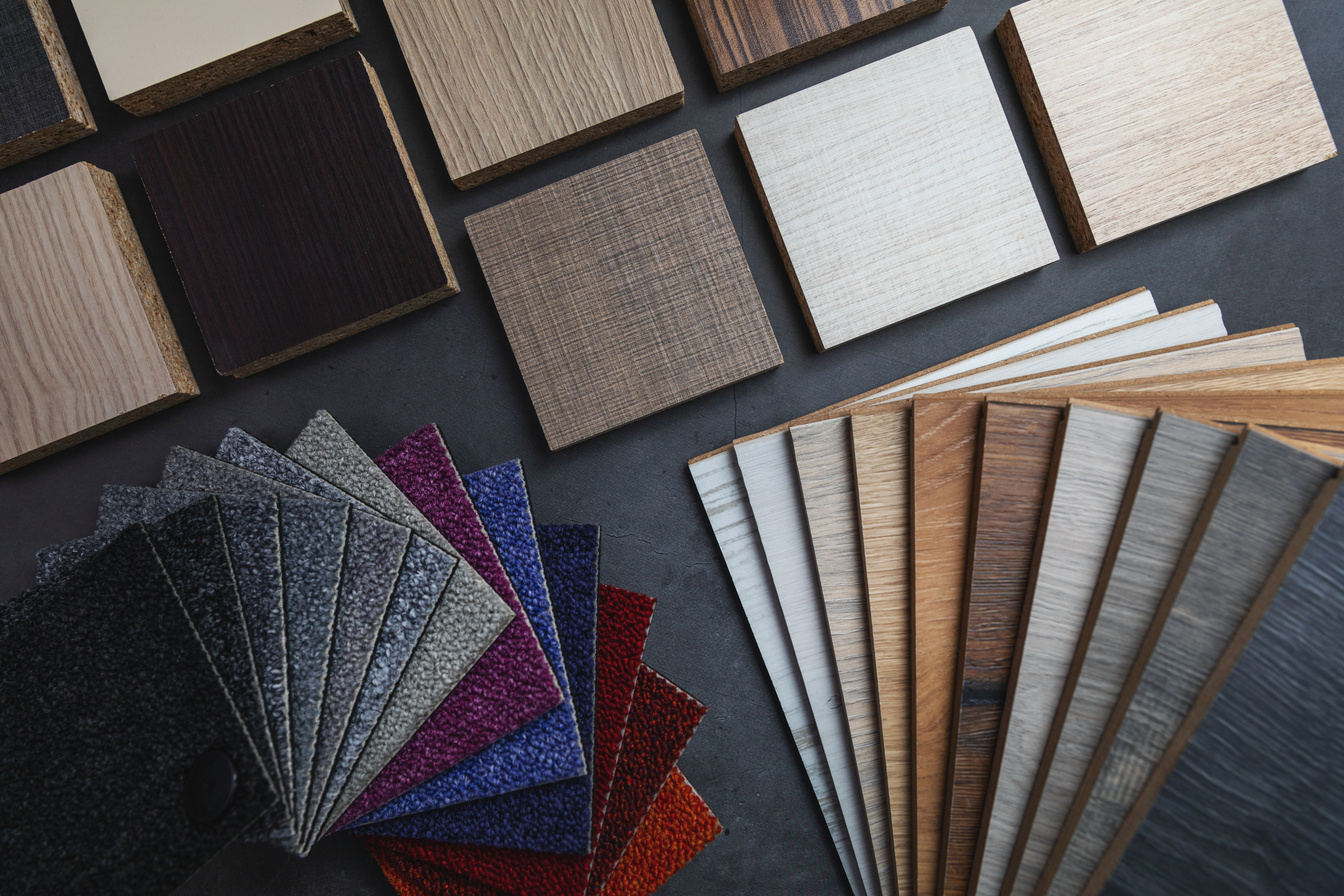 flooring and furniture material samples for interior design project